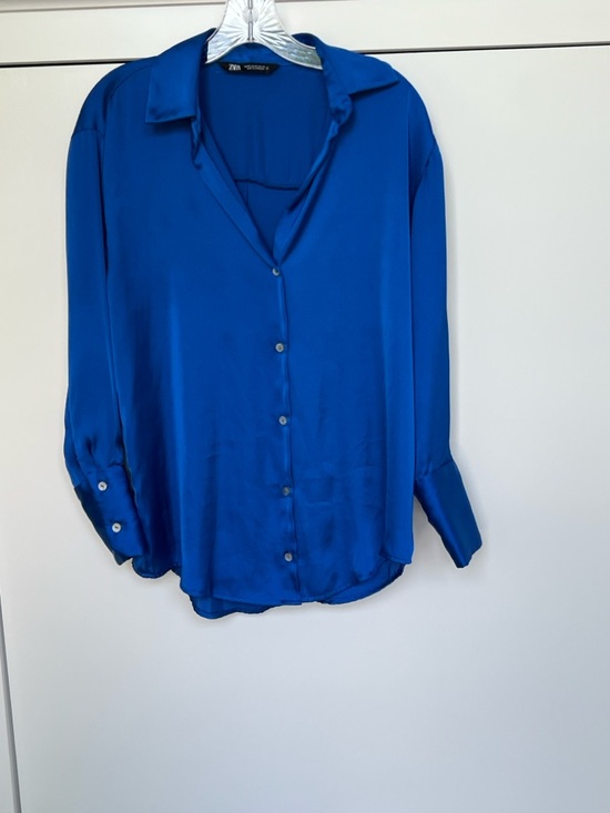 Zara Tops - Zara Cobalt Blue Satin Button-Down Shirt